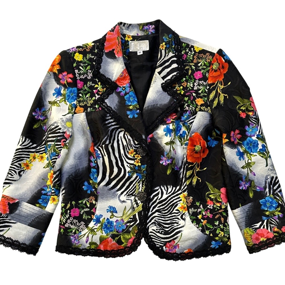 Alberto Makali Blazer Sz‎ 12 Floral Zebra Lace Patchwork Jacket Maximalist Y2K